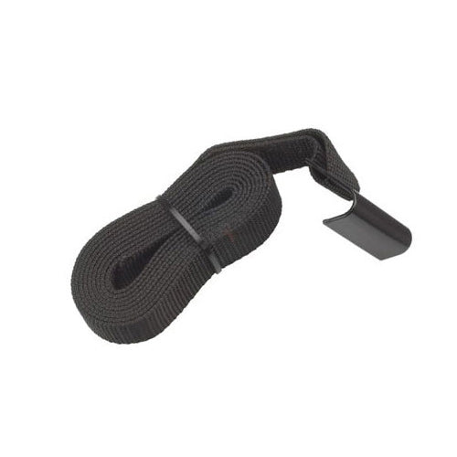 Saris bike rack security strap — coiled black nylon strap with hook end and sliding buckle