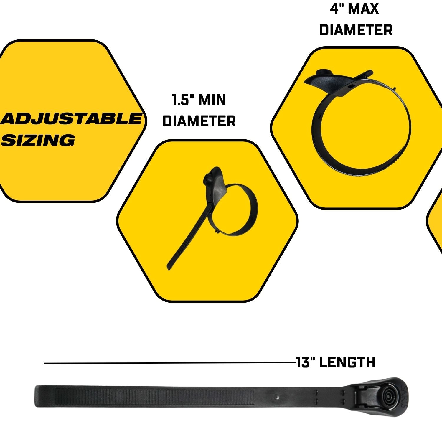 Saris Ratchet Wheel Straps — adjustable sizing: 1.5" min to 4" max tire diameter, 13" strap length