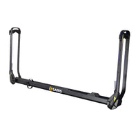 Saris MHS DUO Add-On Tray — arm extended with ratchet strap and rubber wheel cradle