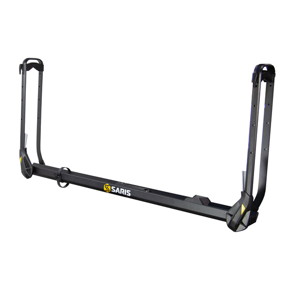 Saris MHS DUO Add-On Tray — arm extended with ratchet strap and rubber wheel cradle