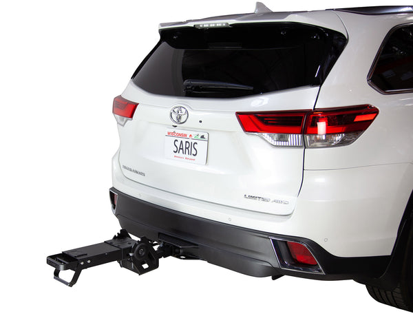 Saris MHS 1-Bike Base Unit installed on hitch receiver — in-vehicle shot