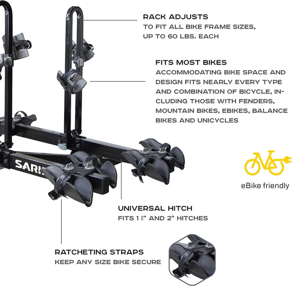 Saris Freedom 4-Bike Hitch Rack — ratcheting wheel tray and anti-sway cradle detail