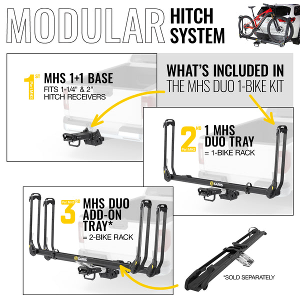 Saris MHS UNO 1-Bike Add-On Tray (SAR4661) — arm fully extended with ratchet wheel strap