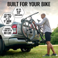 Saris MHS UNO 1-Bike Add-On Tray — wheel cradle and ratchet strap detail