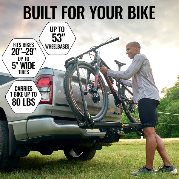 Saris MHS UNO 1-Bike Add-On Tray — wheel cradle and ratchet strap detail