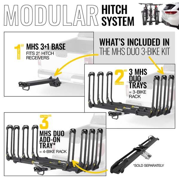 Saris MHS 3-Bike Package — front view with all three bike trays extended forward