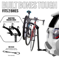 Saris Bones 2-Bike Hitch Rack — flexible cradle arms open, showing anti-sway design