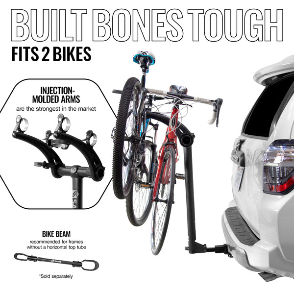 Saris Bones 2-Bike Hitch Rack — flexible cradle arms open, showing anti-sway design
