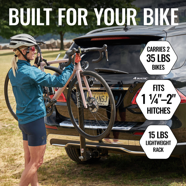 Saris Bones 2-Bike Hitch Rack tilted down for rear hatch clearance