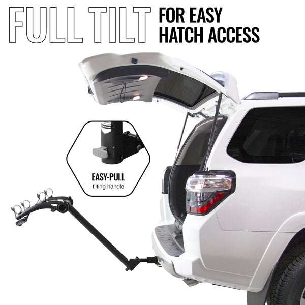 Two bikes loaded on the Saris Bones 2-Bike Hitch Rack on a sedan