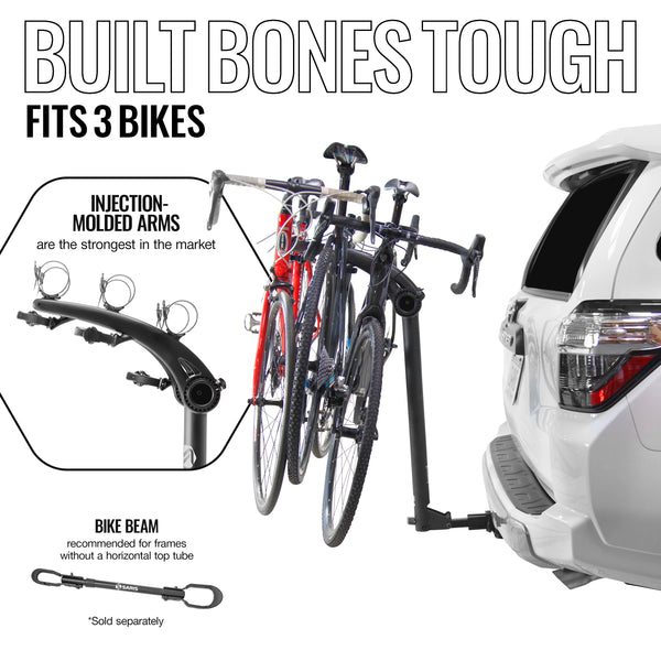 Saris Bones 3-Bike Hitch Rack — folding arm hinge and wheel cradle