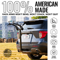 Saris Bones 3-Bike Hitch Rack — three bike cradles with hook arms extended