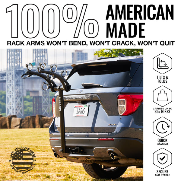 Saris Bones 3-Bike Hitch Rack — three bike cradles with hook arms extended