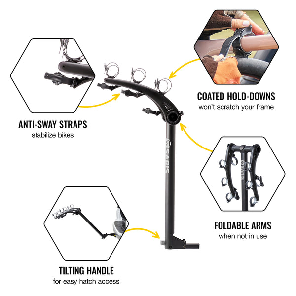 Saris Bones 3-Bike Hitch Rack — padded hook arm securing a bike frame