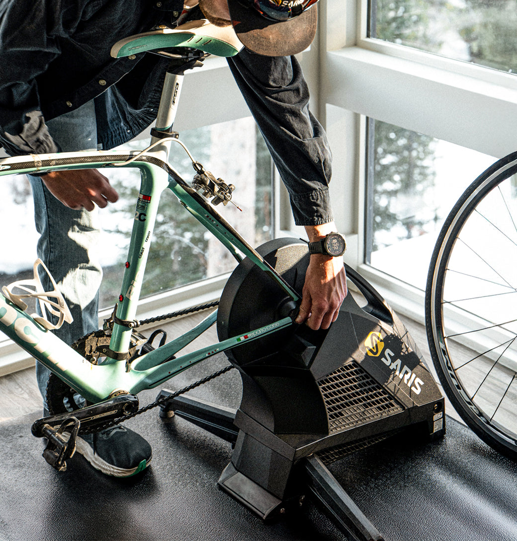 Cyclist in race kit on the Saris H3+ Direct Drive Smart Trainer — long ride session