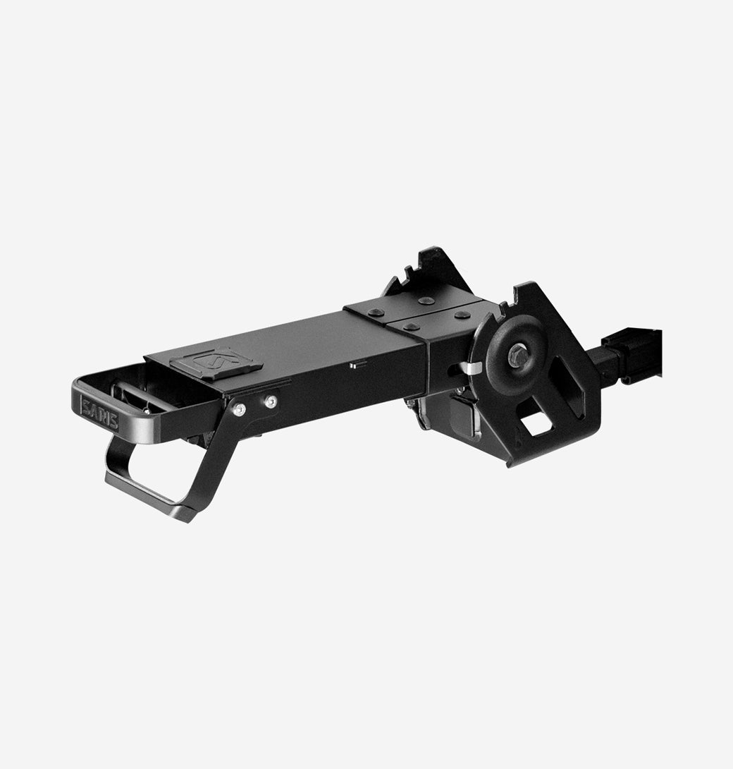 Saris MHS 1-Bike Base Unit installed on hitch receiver — in-vehicle shot