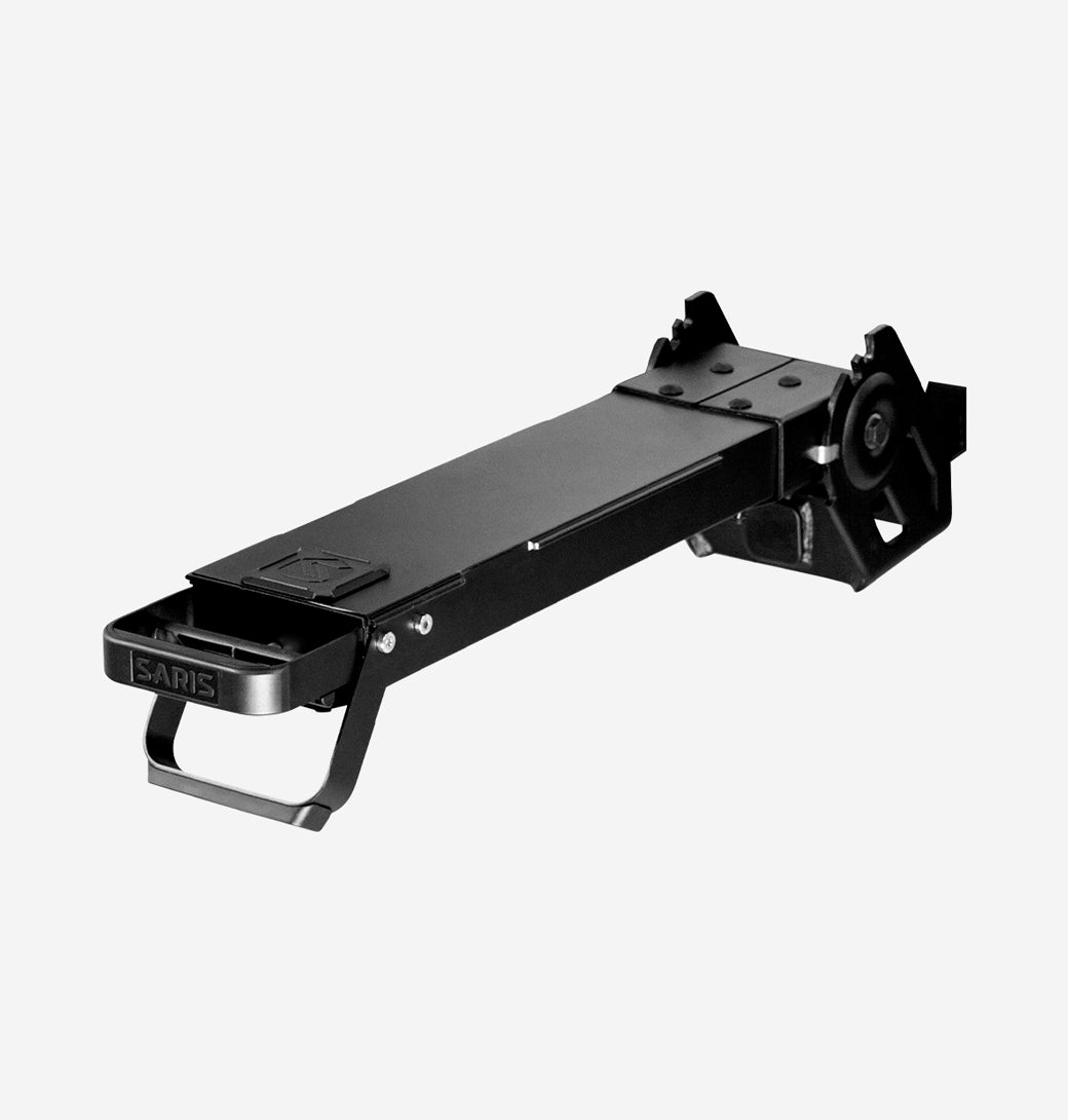 Saris MHS 2-Bike Hitch Rack — features infographic: capacity, tilt, and anti-wobble callouts