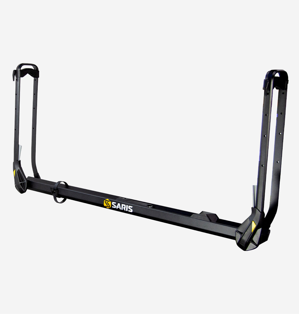 Saris MHS DUO Add-On Tray — arm extended with ratchet strap and rubber wheel cradle