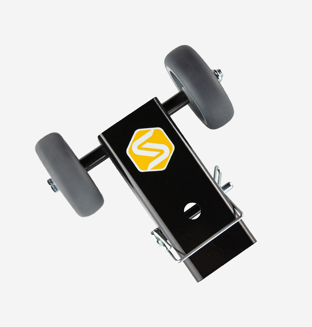 Saris SuperClamp G3 rack seated in Saris Rack Storage Dolly — compact garage storage