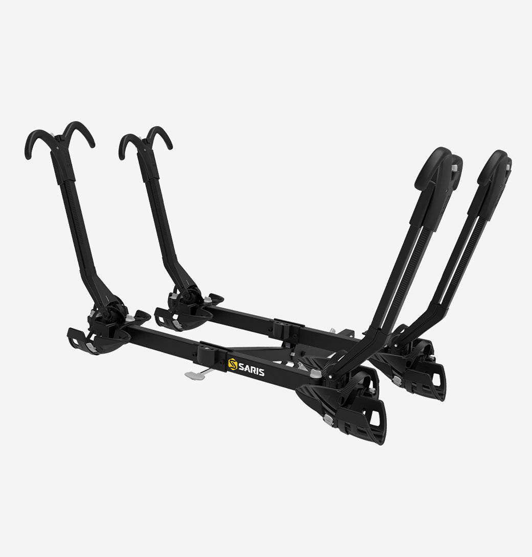 Saris SuperClamp G3 4-Bike Hitch Rack tilted for rear vehicle access